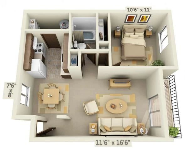 Garden Glen II 1x1 592 sq. ft. floor plan