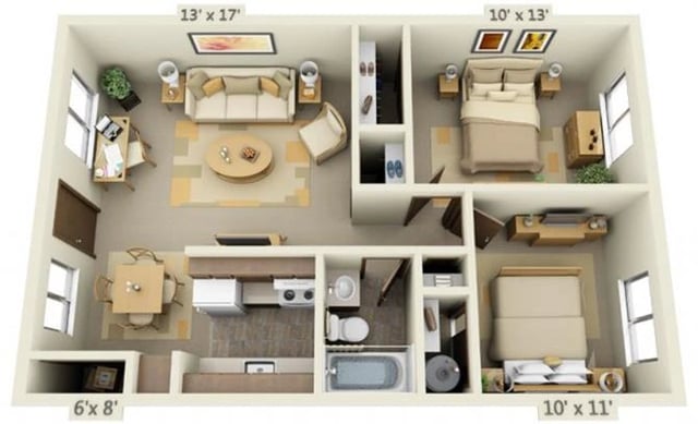 Cedar Lane II 2x1 748 sq. ft. floor plan