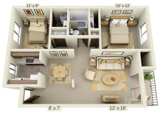 Garden Glen II 2x1 776 sq. ft. floor plan