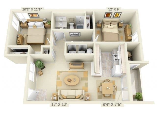 2 Bedroom 1 Bath floor plan