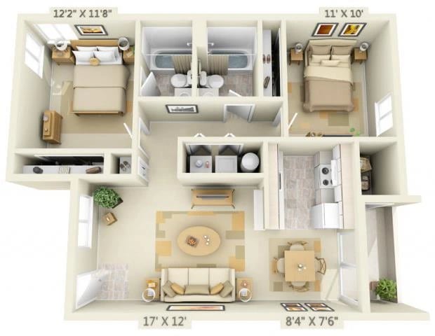 2 Bedroom 2 Bath floor plan