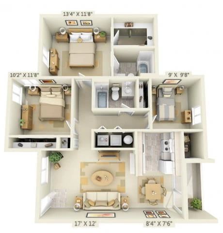 3 Bedroom 2 Bath floor plan