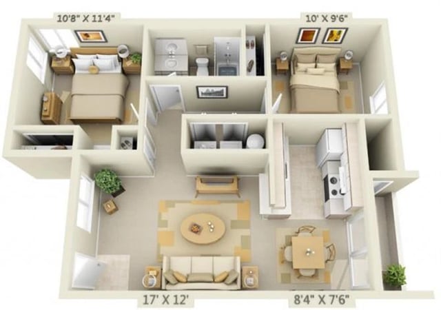 2 Bed 1 Bath floor plan