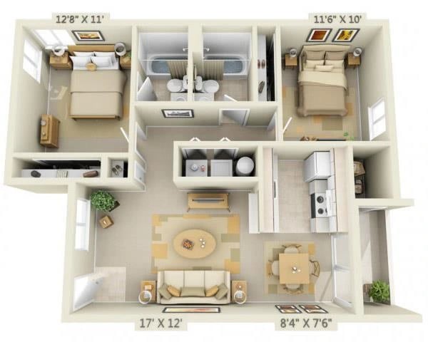 2 Bed 2 Bath floor plan
