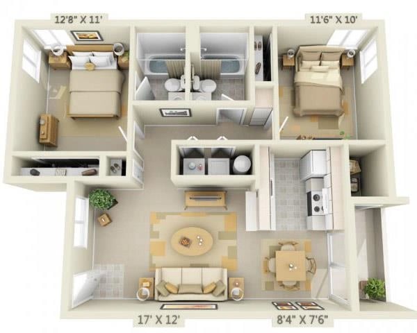 2 Bed 2 Bath floor plan