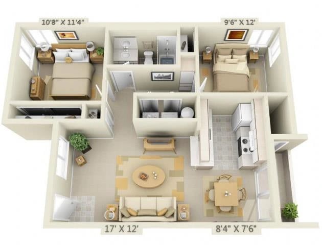 2 Bed 1 Bath floor plan