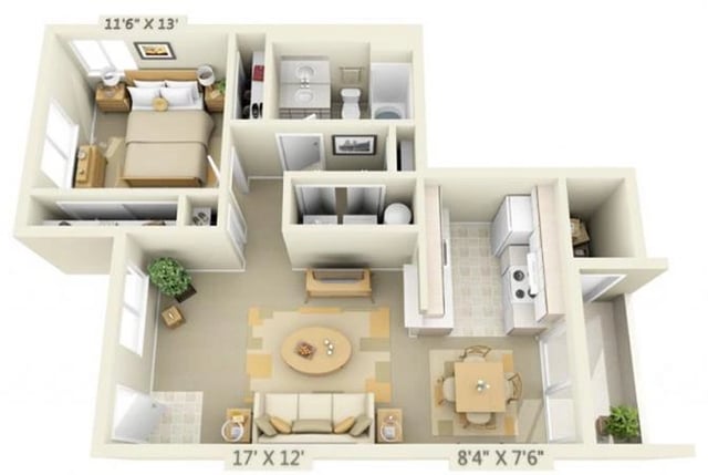 1 Bedroom 1 Bath floor plan