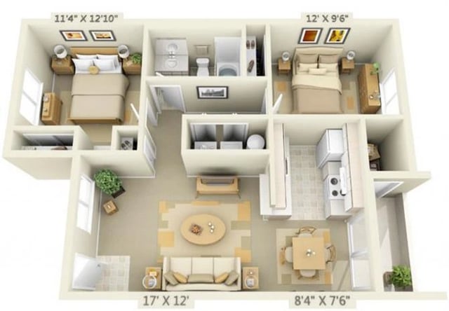 2 Bedroom 1.3 Bath floor plan
