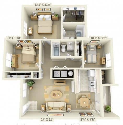 3 Bedroom 2 Bath floor plan