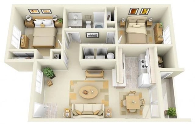 2 Bed 1 Bath floor plan