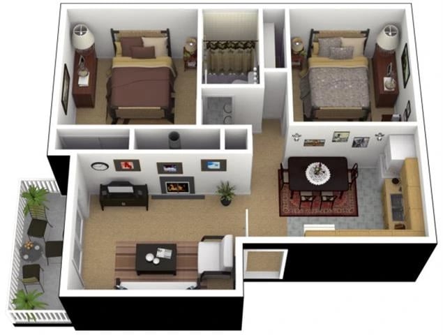 2 Bed 1 Bath floor plan