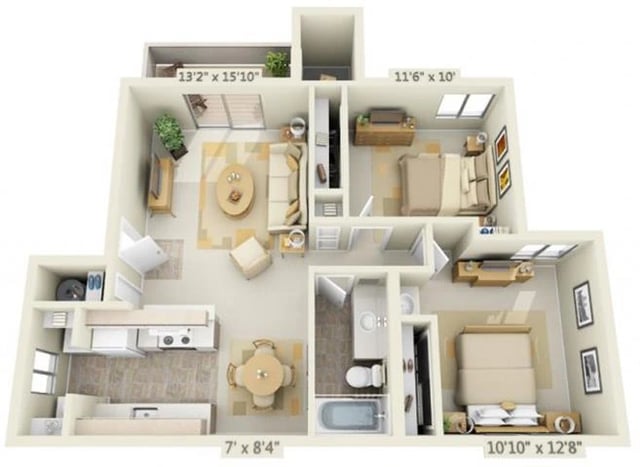 2 Bed 1 Bath floor plan