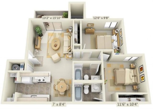 2 Bed 2 Bath floor plan