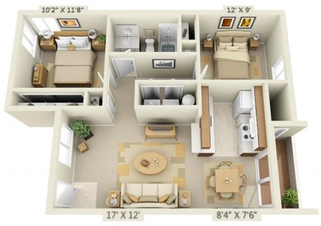2 Bed 1 Bath floor plan