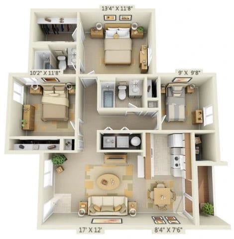 3 Bed 2 Bath floor plan