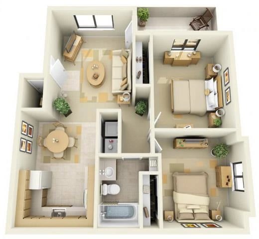 2 Bed 1 Bath floor plan