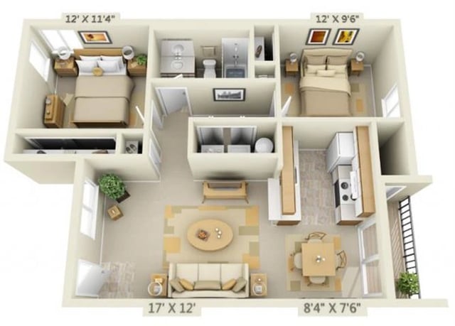 2 Bed 1 Bath floor plan