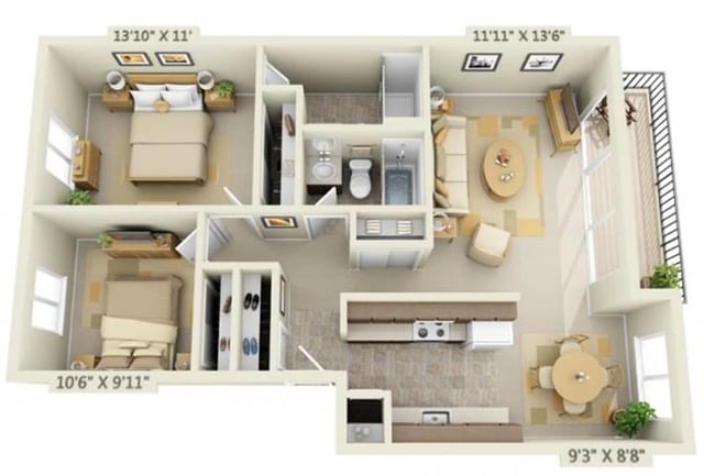 2 Bed 2 Bath floor plan