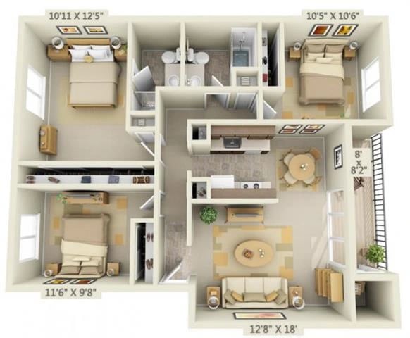 3 Bed 2 Bath floor plan