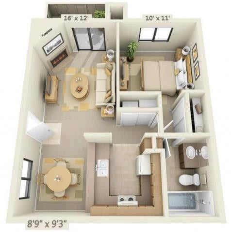 One Bedroom One Bathroom floor plan