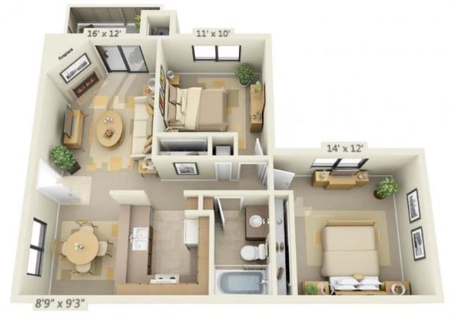 Two Bedroom One Bathroom floor plan