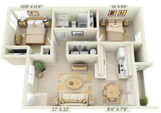 2 Bed 1 Bath floor plan
