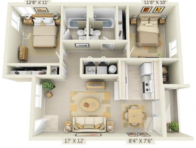 2 Bed 2 Bath floor plan