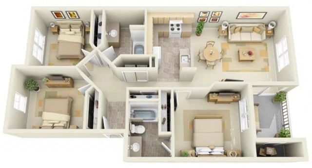 3 Bed 2 Bath floor plan