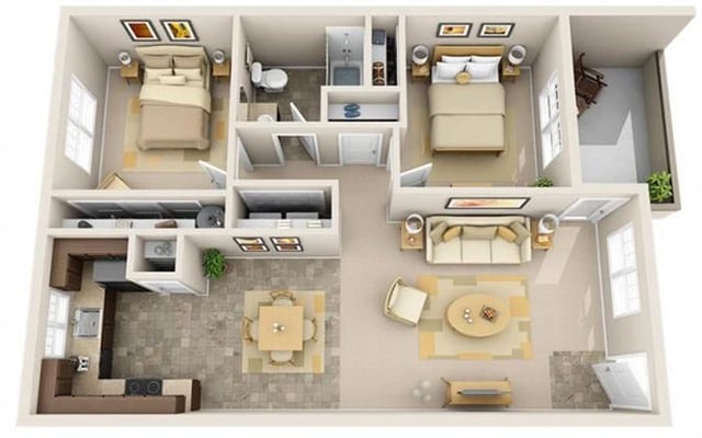 2BR-1BA floor plan