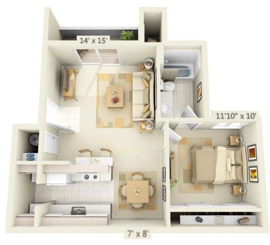 1 Bed 1 Bath floor plan