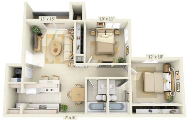 2 Bed 2 Bath floor plan