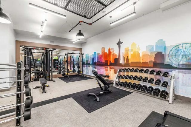 Gym with weight racks, dumbbells, and city skyline mural.