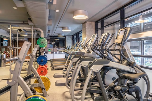 Modern gym with treadmills, ellipticals, and weightlifting equipment.