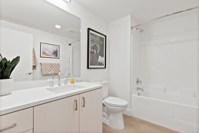 Modern bathroom with a single-sink vanity, toilet, and tub/shower.