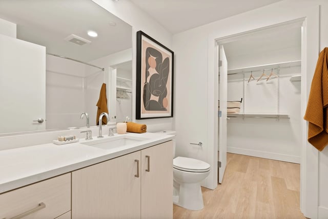 Bright bathroom with a double-sink vanity, large mirror, toilet, and walk-in closet.