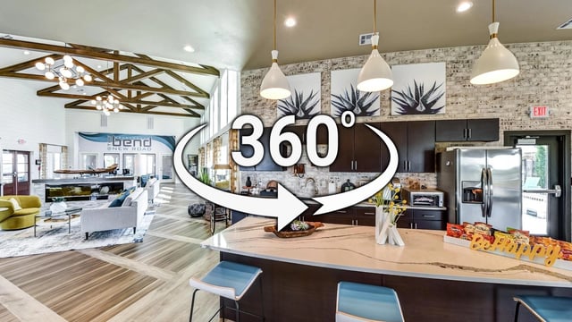 360 virtual tour of The Bend at New Road apartment complex lounge and kitchen area.