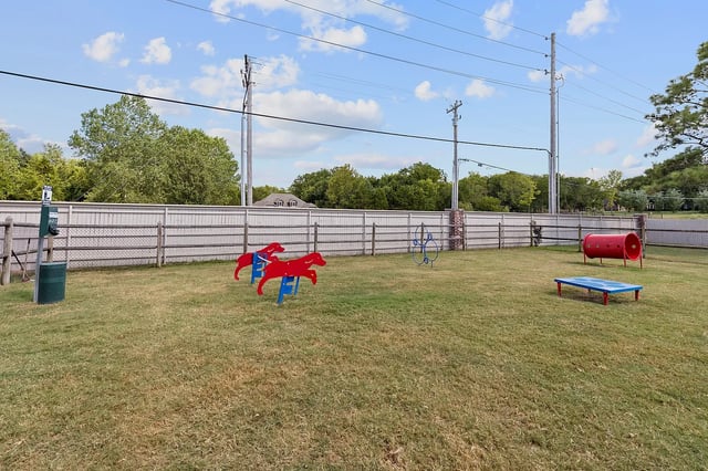 Outdoor dog park with agility equipment, including red horse figures and a red tunnel.
