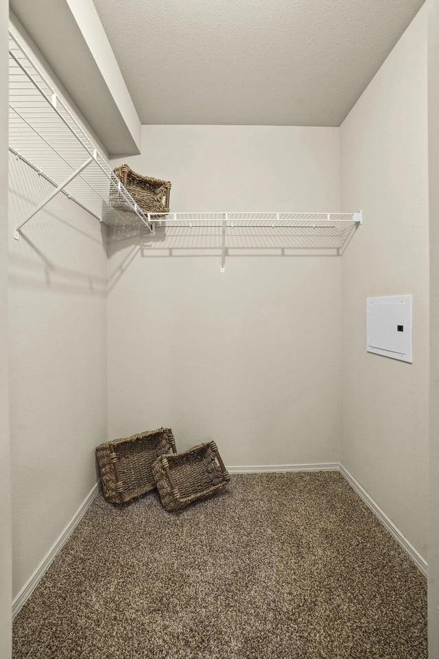 Empty walk-in closet with wire shelving and baskets.
