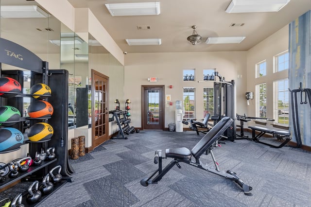 Treadmill, weight machines, free weights, and medicine balls in a fitness center.