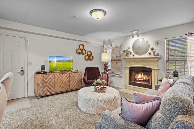 Living room with a fireplace, television, and decorative elements.