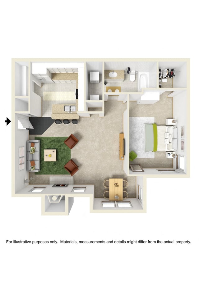 1 Bed 1 Bath w/ Pool View floor plan