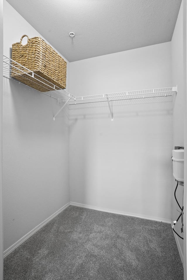 Empty walk-in closet with wire shelving and a basket.
