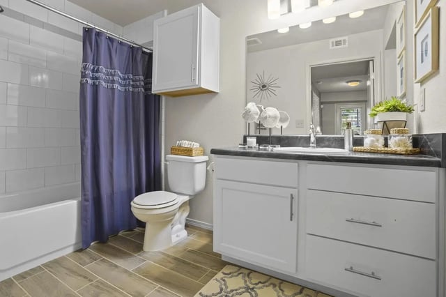 Bathroom in a modern apartment: white vanity with gray countertop, toilet, and a purple shower curtain.