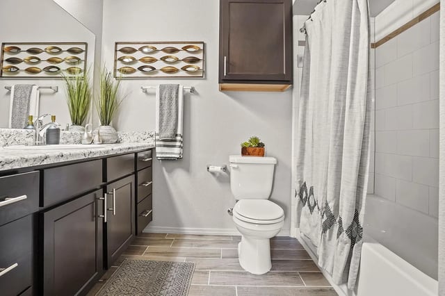 Modern bathroom with vanity, toilet, and bathtub with shower curtain.