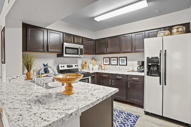 Modern kitchen with dark wood cabinets, granite countertops, stainless steel appliances, and a white refrigerator.