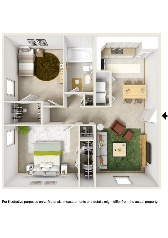 Large Two Bed One Bath floor plan