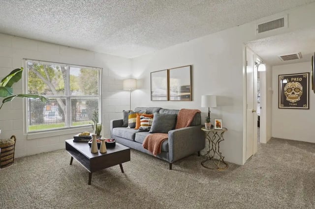 Living room in an apartment with a gray sofa, coffee table, large window, and neutral decor.