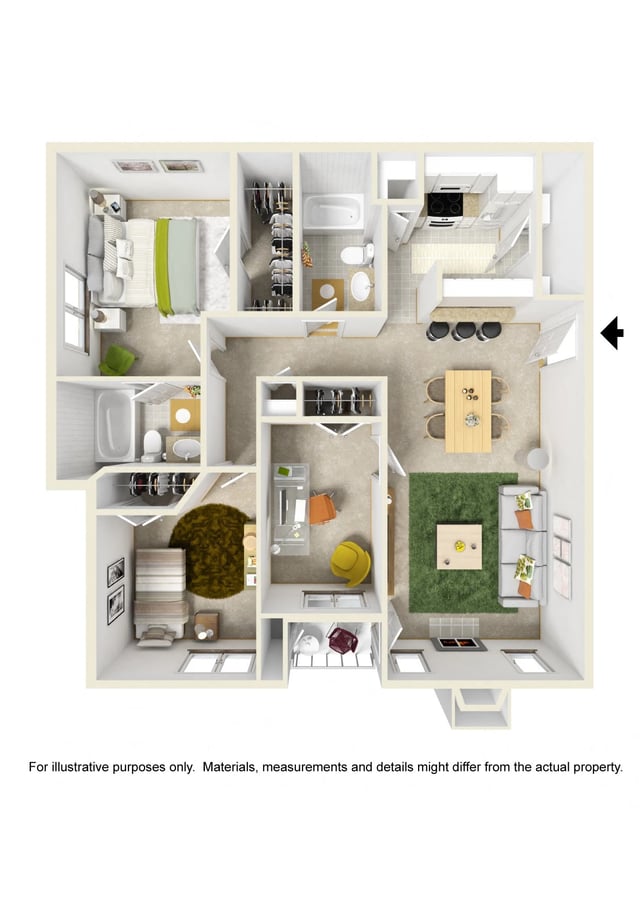 2 Bed 2 Bath w/ Study floor plan