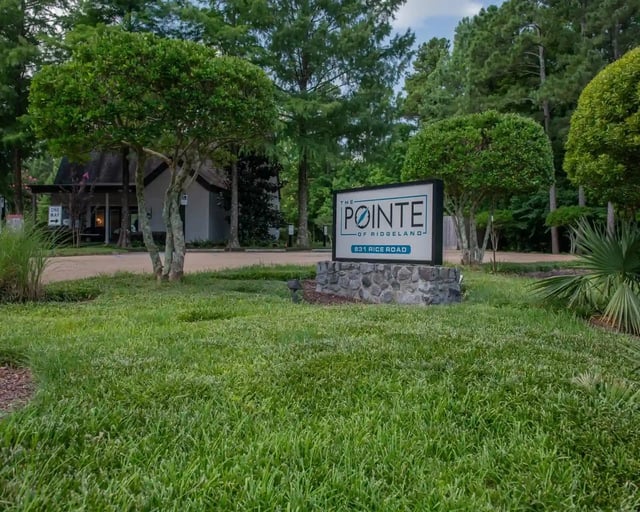 Exterior sign for The Pointe of Ridgeland apartment community surrounded by trees and landscaping.