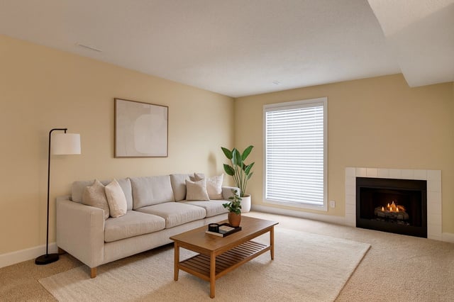 Living room with a fireplace, sofa, coffee table, and window.